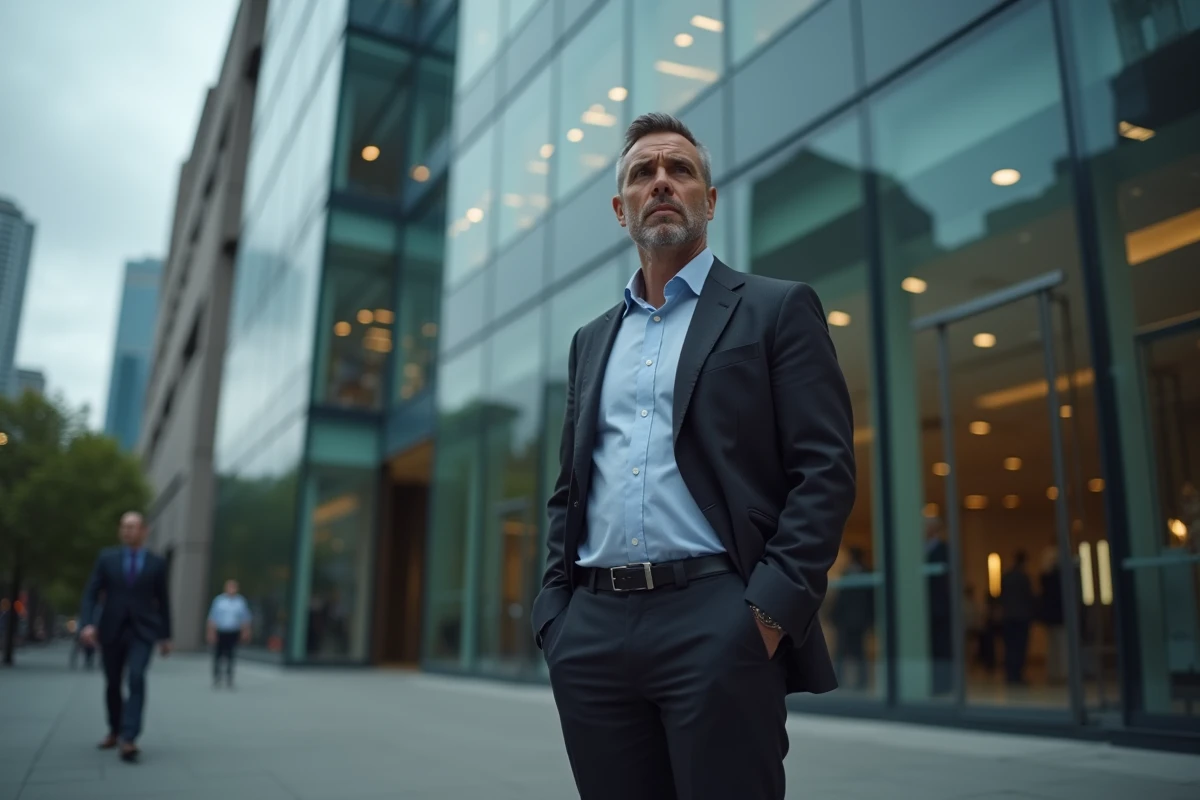 Homme hésitant devant un immeuble de bureaux, illustrant le dilemme de ne pas aller travailler sans justificatif