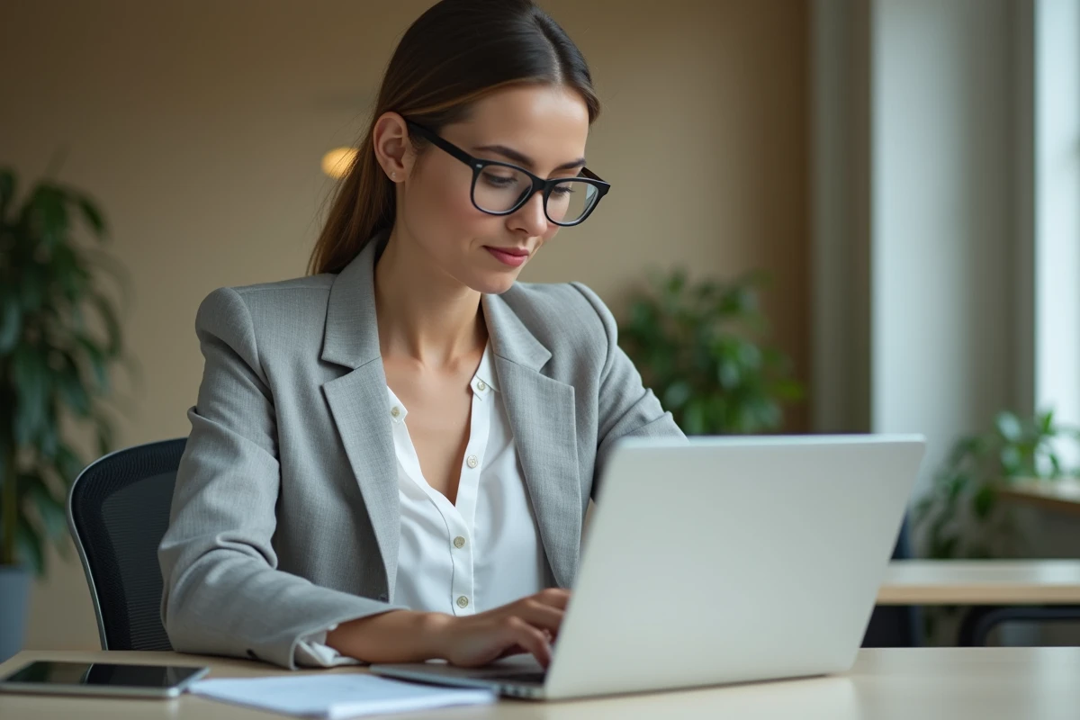 Femme en bureau consultant son espace en ligne pour accéder à ses bulletins de paie dématérialisés via un identifiant Nibelis