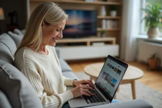 Femme achetant une télévision en ligne sur le site Easytvshop depuis son canapé avec un ordinateur portable