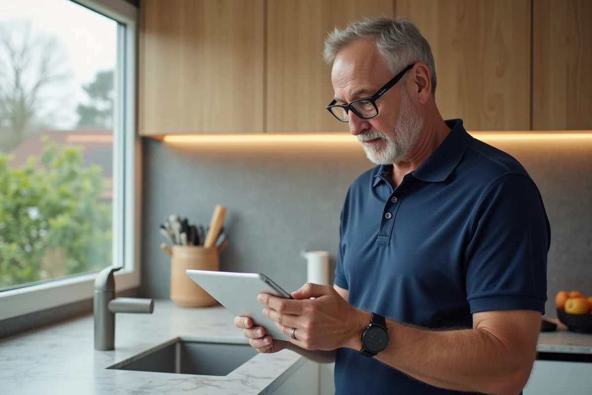 Homme activant son compte EDF ENR Solaire sur une tablette dans une cuisine moderne