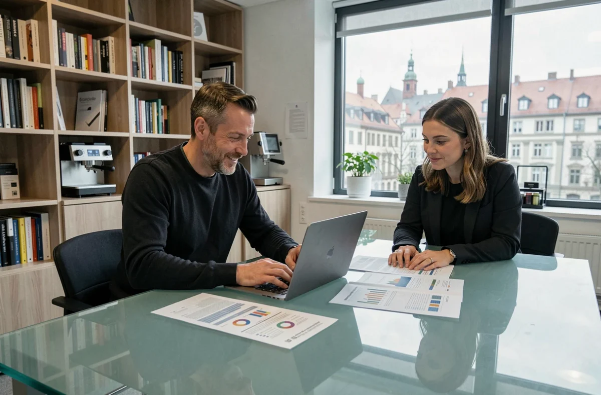 Deux experts de l'agence Adeliom collaborant sur une stratégie digitale avec un ordinateur portable et des documents imprimés dans un bureau moderne