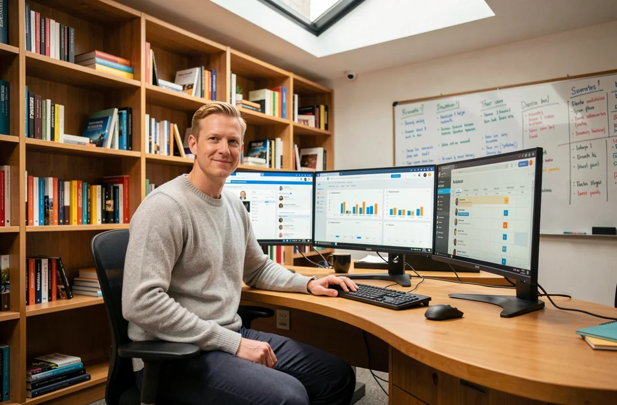 Consultant de l'agence Citeasen analysant des tableaux de bord de réseaux sociaux dans un studio créatif avec plusieurs écrans