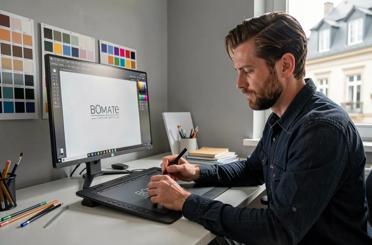 Designer de l'agence Cosm retouchant une identité visuelle de marque sur une tablette graphique dans un studio épuré avec des palettes de couleurs