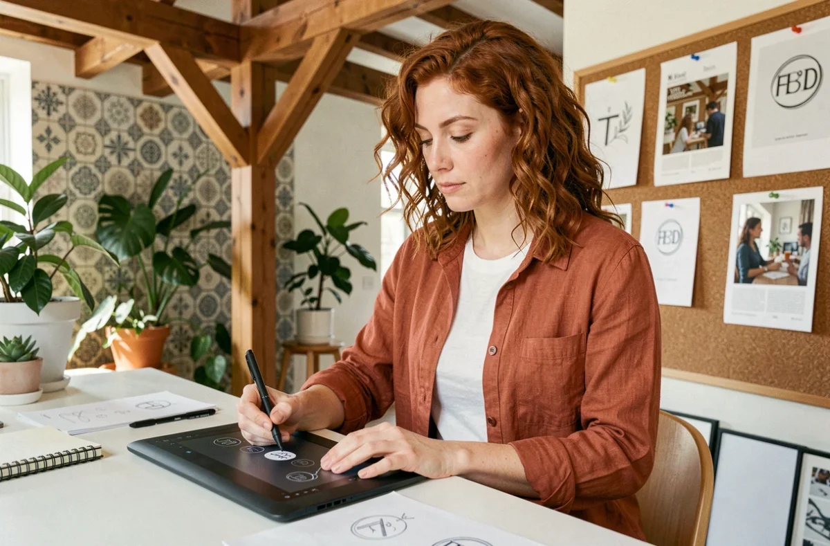 Designer de l'agence Dagré esquissant des concepts de logo sur une tablette graphique dans un studio lumineux aux poutres en bois