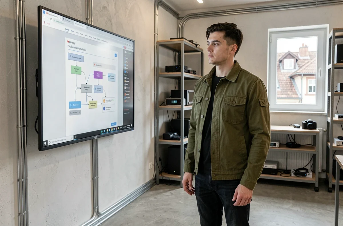 Développeur de l'agence Esilab debout devant un écran mural affichant un wireframe de site web dans un studio technologique