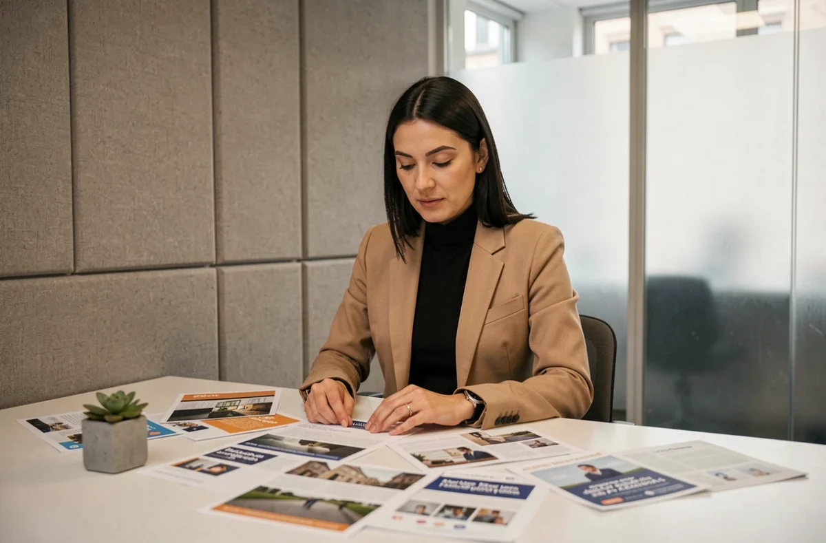 Directrice artistique de l'agence VO examinant des maquettes de campagnes publicitaires imprimées dans un espace de réunion épuré