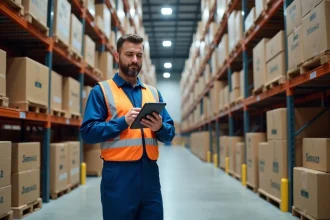 Agent d'entrepot en tenue de securite controle inventaire