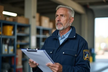 Agent de maîtrise en uniforme examinant des documents techniques dans un atelier de maintenance municipal