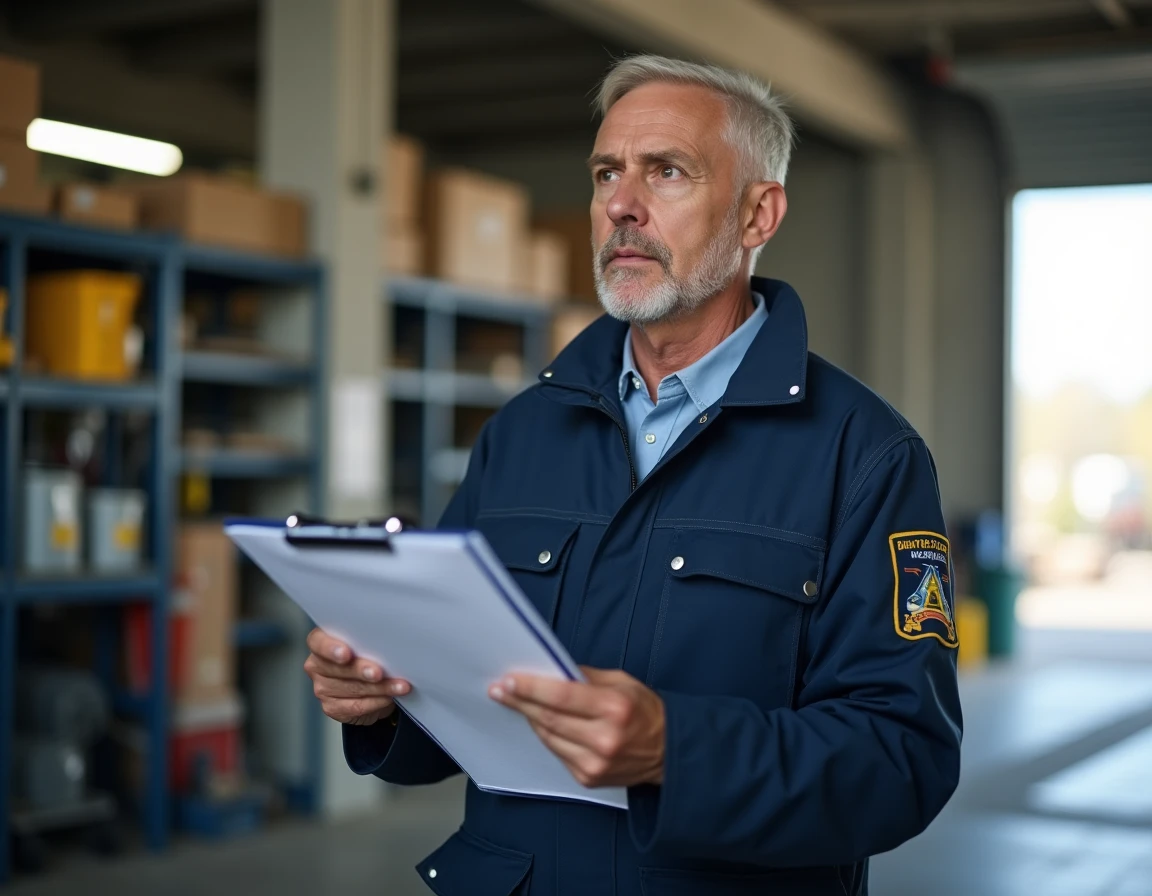 Agent de maîtrise en uniforme examinant des documents techniques dans un atelier de maintenance municipal