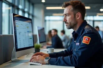 Agent RATP connecté à un portail intranet sur son poste de travail dans un open space moderne