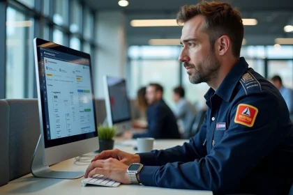 Agent RATP connecté à un portail intranet sur son poste de travail dans un open space moderne