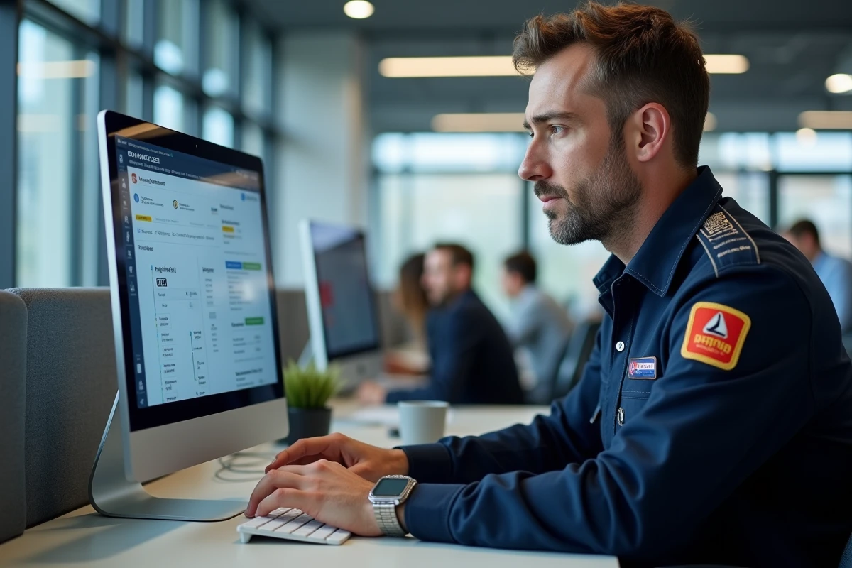 Agent RATP connecté à un portail intranet sur son poste de travail dans un open space moderne