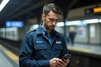 Agent RATP consultant l'application Urbanweb sur smartphone dans une station de métro parisienne