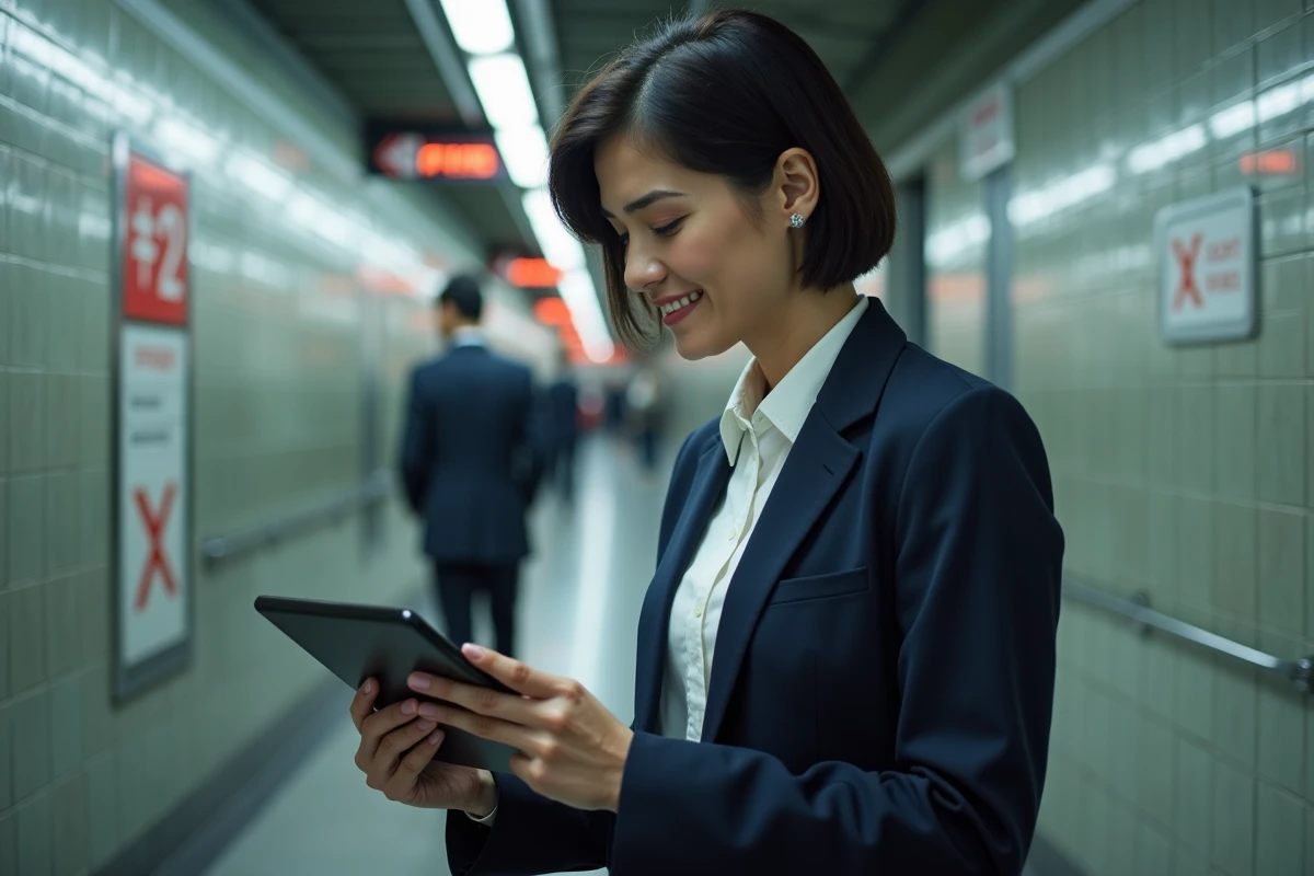 Agente RATP comparant deux interfaces numériques sur tablette dans un couloir administratif du métro