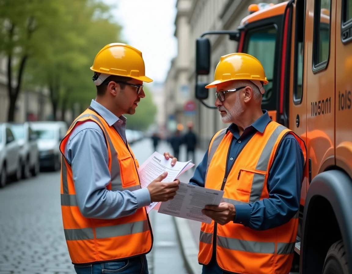 Deux agents techniques municipaux discutant de classification professionnelle et de grille indiciaire en extérieur urbain