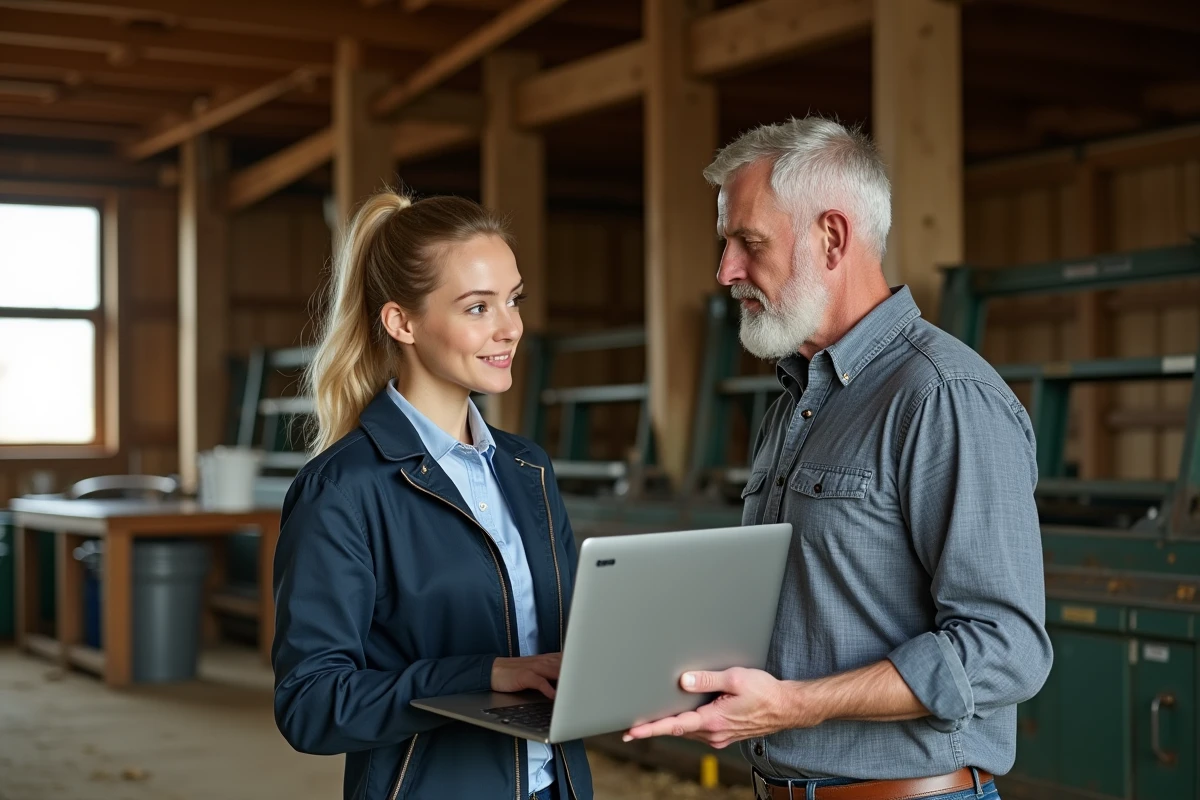 Jeune agronome discutant avec un fermier dans une grange
