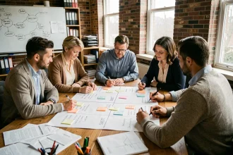 Groupe de bénévoles d'une association analysant une matrice SWOT autour d'une table de réunion avec des post-its colorés