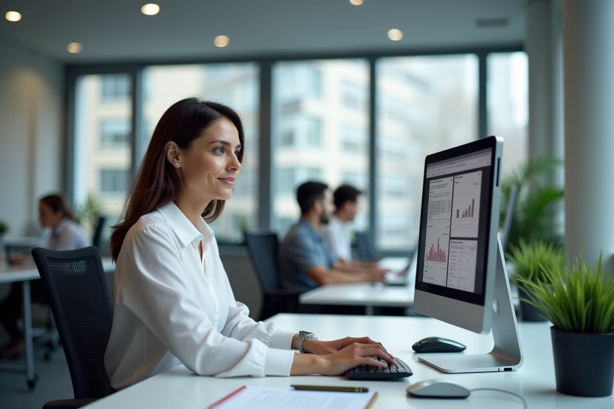 Analyste en négoce travaillant sur des logiciels de gestion de la chaîne d'approvisionnement dans un espace de bureau contemporain, représentant la stratégie digitale d'Eurodir