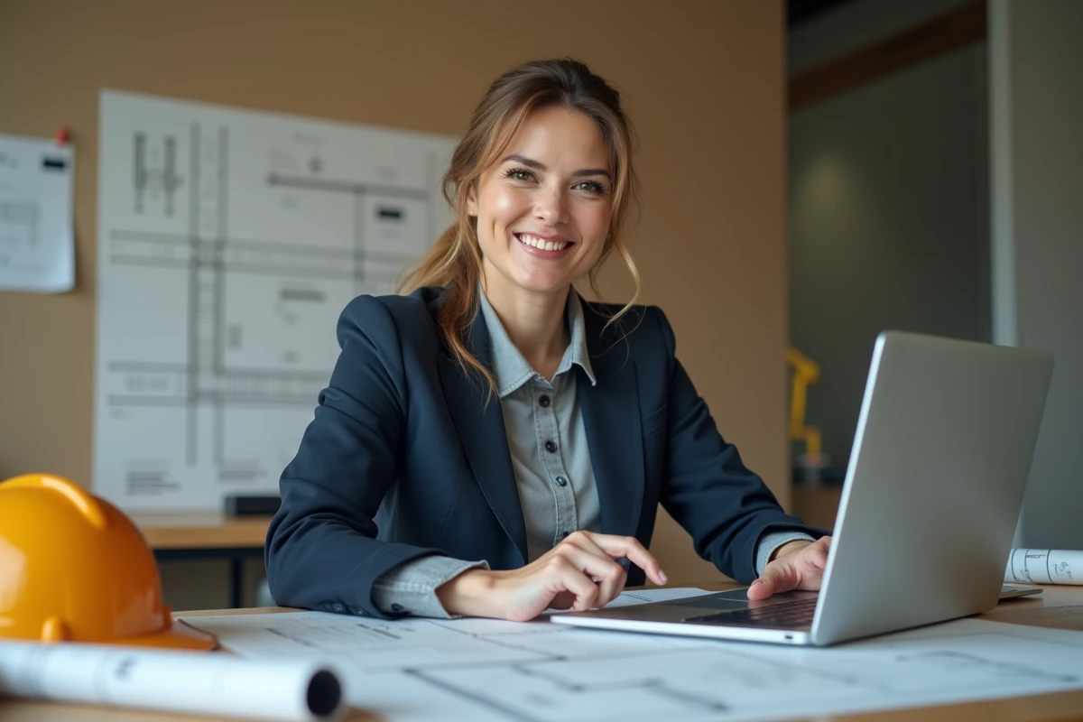 Architecte féminine consultant une plateforme professionnelle du BTP sur ordinateur portable dans un bureau de chantier