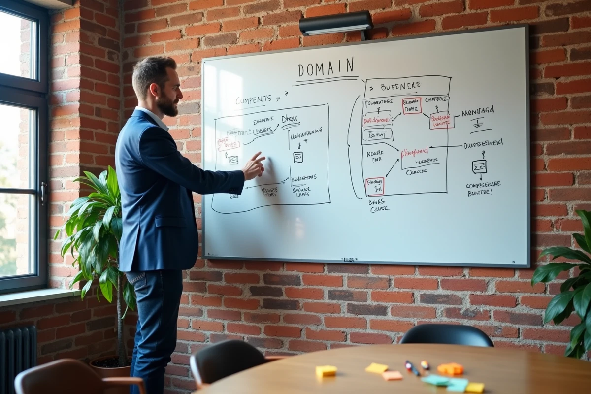 Entrepreneur présentant une architecture de stratégie de domaines sur tableau blanc dans une salle de réunion startup