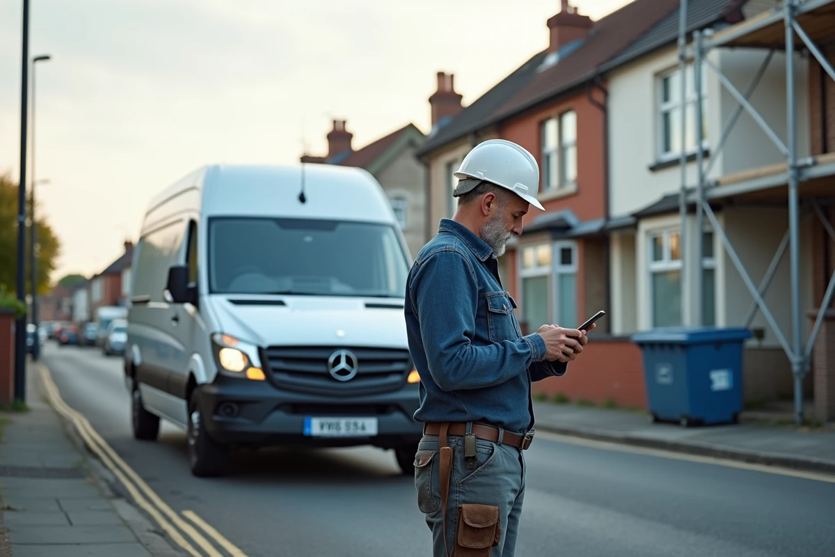 Artisan BTP indépendant consultant son téléphone devant son véhicule utilitaire sur un chantier de rénovation résidentielle