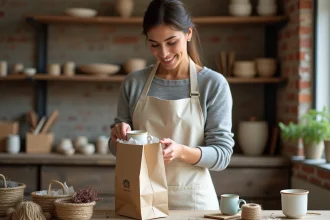 Artisane plaçant une création en céramique dans un sac papier kraft personnalisé dans un atelier de poterie
