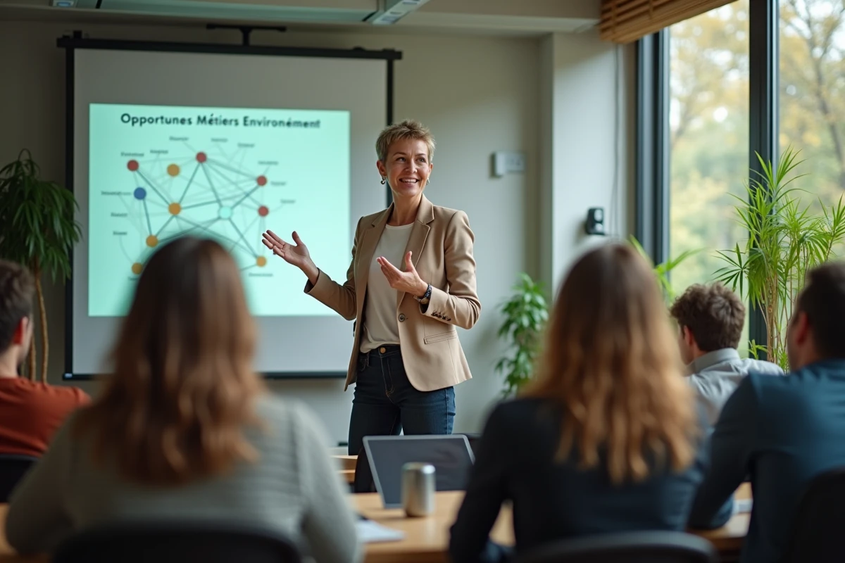 Femme présentant des opportunités de carrière dans le secteur environnemental lors d'un atelier professionnel avec le réseau TEE