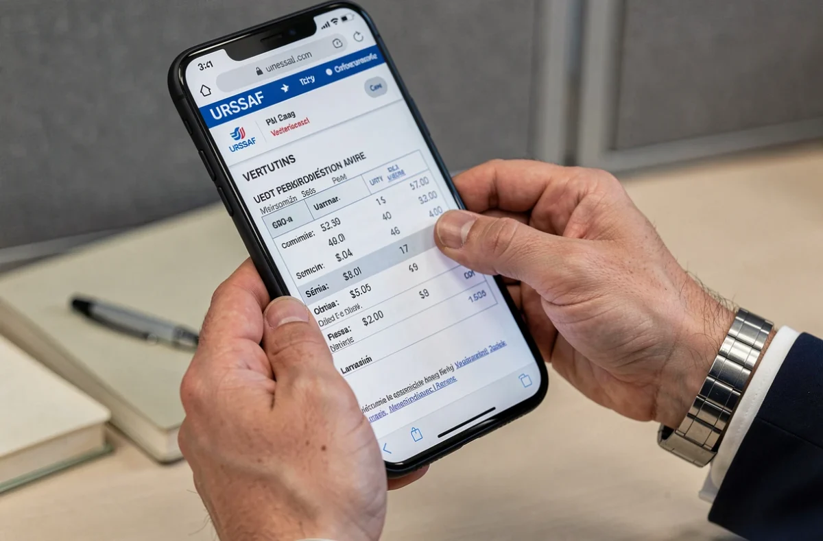 Mains tenant un document URSSAF et un smartphone affichant le portail officiel de vérification en ligne
