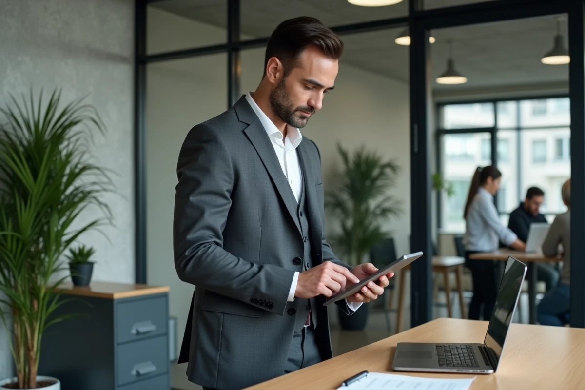 Avocat consultant une checklist numérique sur ordinateur portable dans un espace de co-working moderne avant d'ouvrir son cabinet juridique
