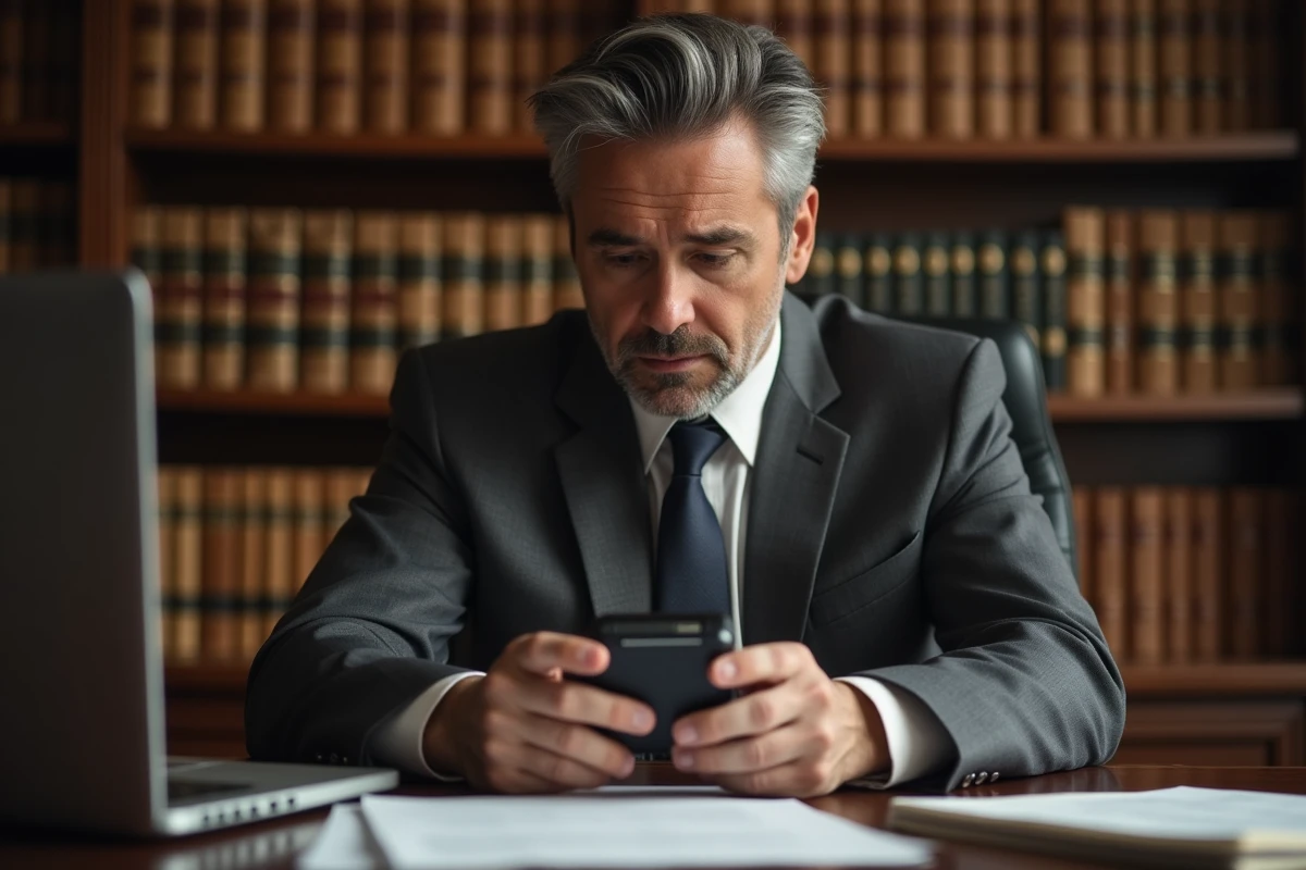 Avocat examinant un enregistreur vocal posé sur une table de conférence avec des documents juridiques, illustrant les enjeux légaux de l'enregistrement de conversations professionnelles