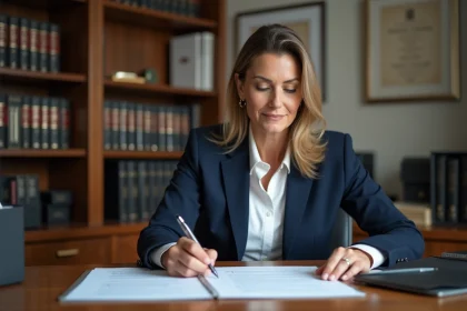 Avocate en cabinet vérifiant une check-list administrative avant l'ouverture de son cabinet, assise à un bureau en bois entouré de livres juridiques