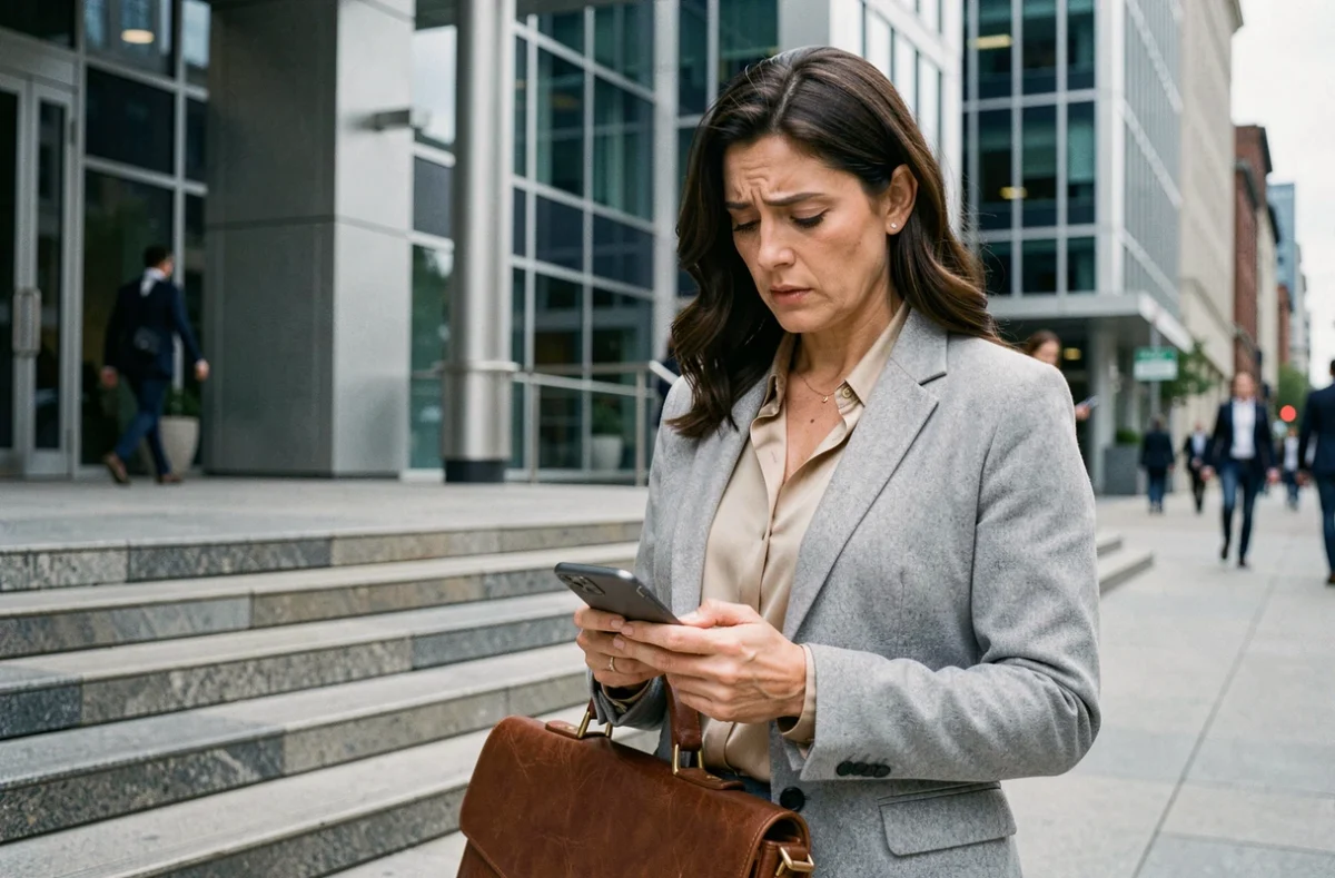 Avocate en droit des affaires devant un tribunal consultant son téléphone avec sa mallette professionnelle