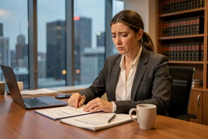 Avocate en droit des affaires concentrée sur des documents juridiques dans un bureau moderne en fin de journée