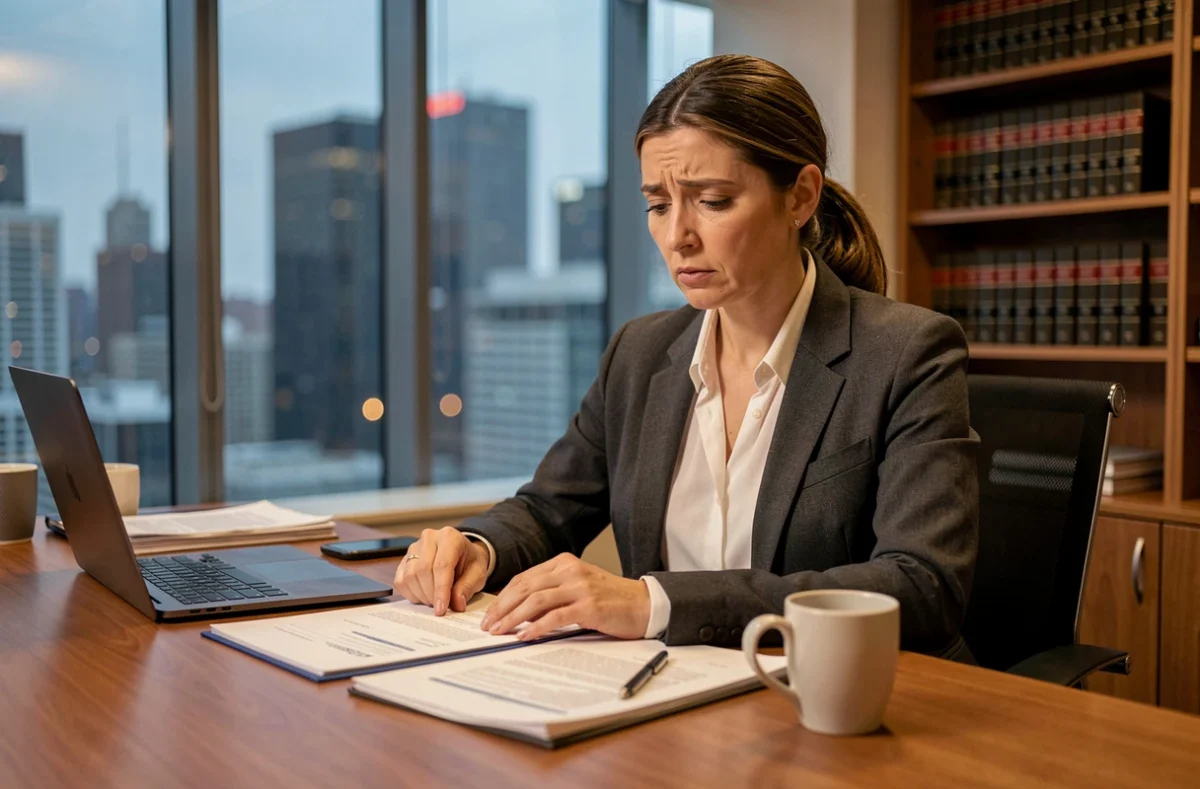 Avocate en droit des affaires concentrée sur des documents juridiques dans un bureau moderne en fin de journée
