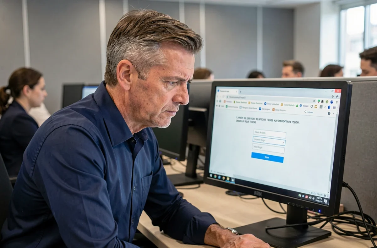 Employé face à un bug de connexion sur un portail extranet dans un open space professionnel