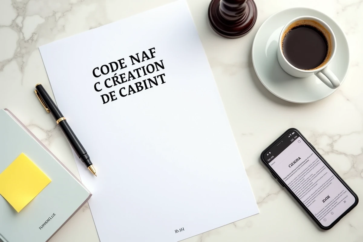 Vue de dessus d'un bureau d'avocat avec une checklist imprimée, un code juridique annoté et un smartphone affichant un site administratif pour l'ouverture d'un cabinet