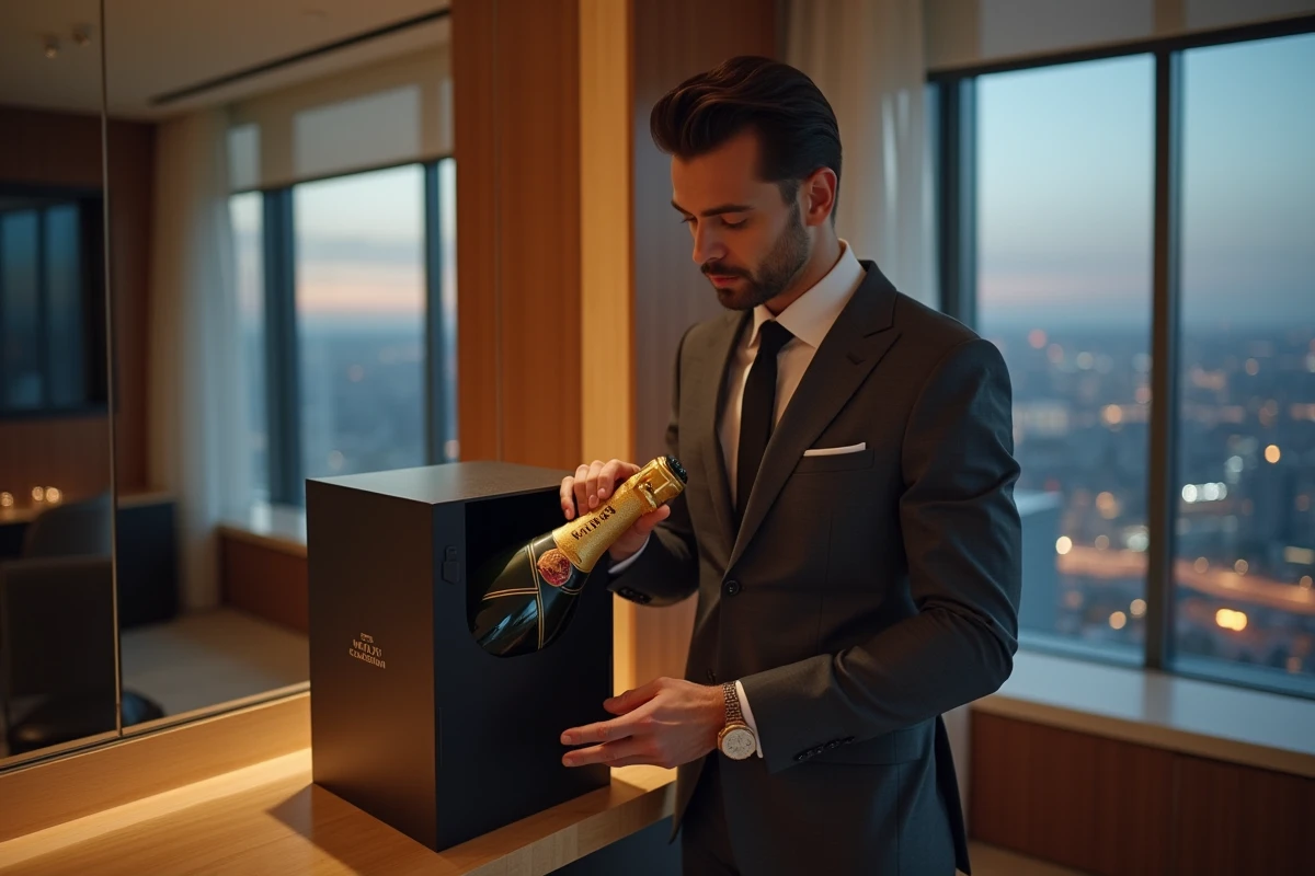 Homme en costume déballant une bouteille Moët Chandon LVMH comme cadeau haut de gamme dans une suite d'hôtel de luxe