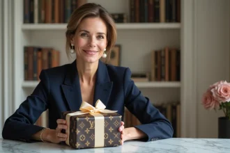 Femme élégante tenant un sac Louis Vuitton emballé en cadeau de luxe dans un appartement parisien raffiné