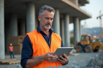 Chef de chantier BTP consultant une tablette numérique sur un chantier de construction en 2026