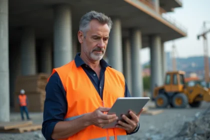 Chef de chantier BTP consultant une tablette numérique sur un chantier de construction en 2026