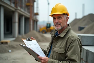 Chef de chantier analysant les prix des matériaux de construction sur un chantier actif avec parpaings empilés en arrière-plan