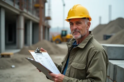 Chef de chantier analysant les prix des matériaux de construction sur un chantier actif avec parpaings empilés en arrière-plan