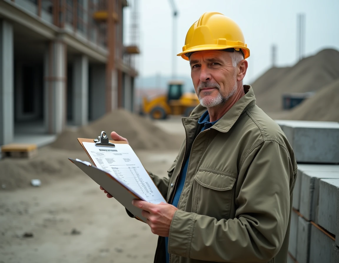 Chef de chantier analysant les prix des matériaux de construction sur un chantier actif avec parpaings empilés en arrière-plan