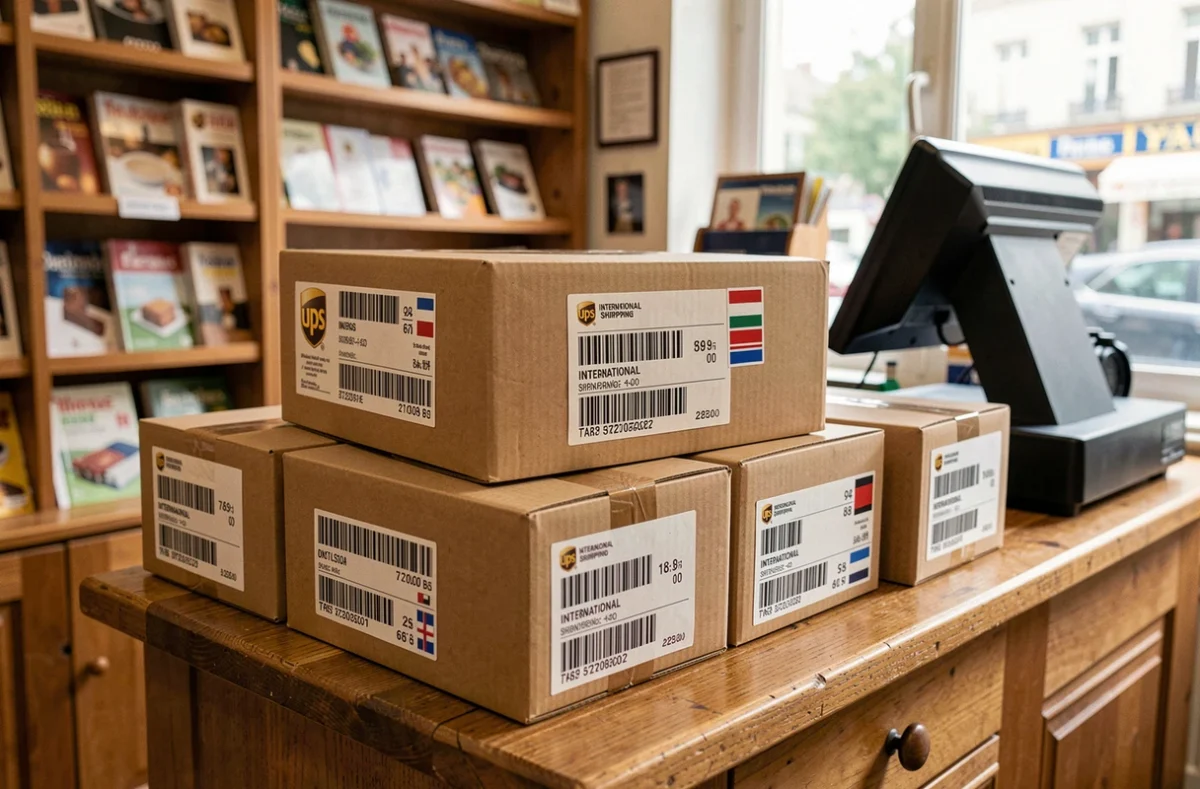 Pile de colis UPS avec étiquettes de livraison internationale sur le comptoir d'un point relais tabac-presse