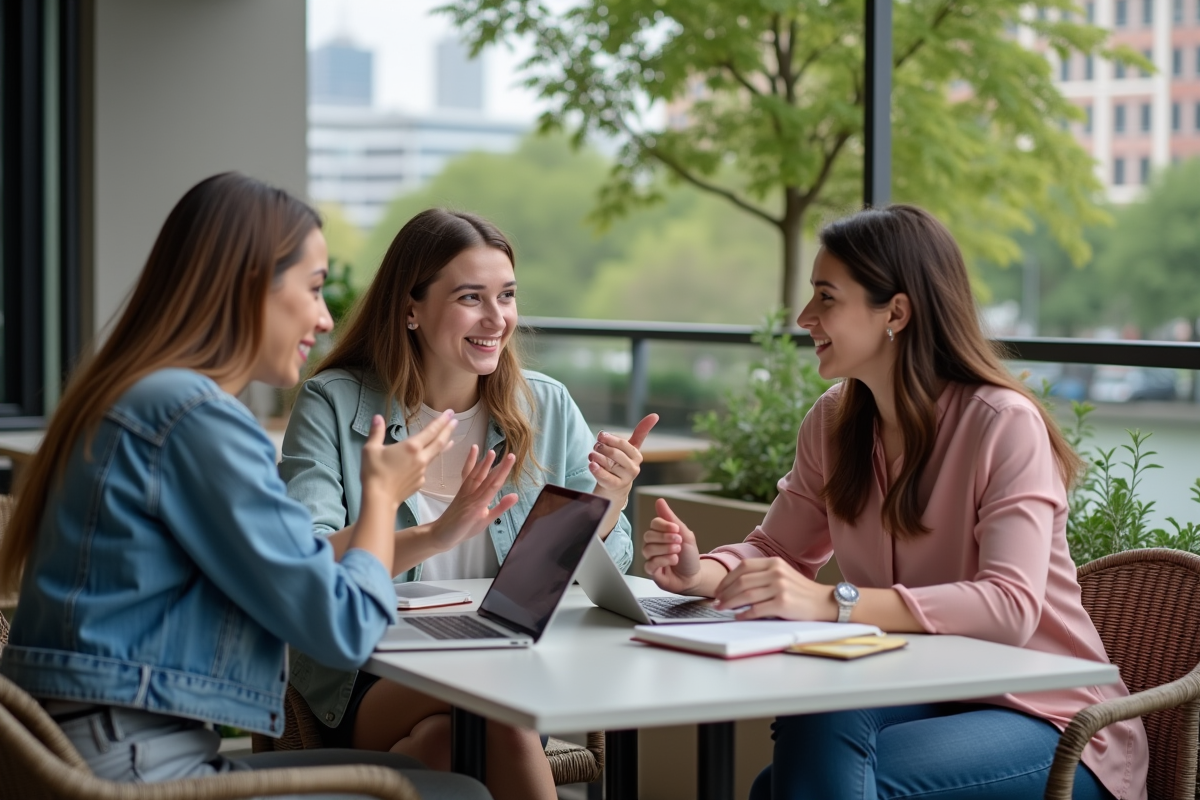 Trois jeunes collaborateurs discutant dans un café urbain