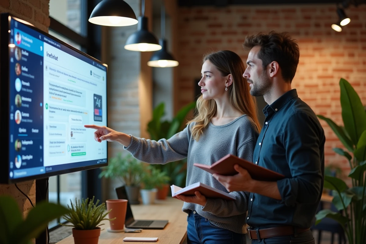 Deux collègues collaborant autour de l'interface Mistral Le Chat dans un espace de co-working européen