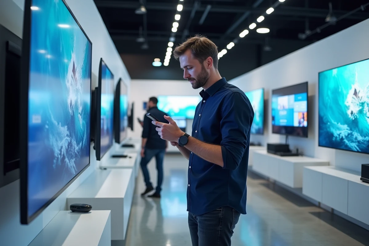 Homme comparant des télévisions en magasin et sur smartphone pour choisir le meilleur écran OLED