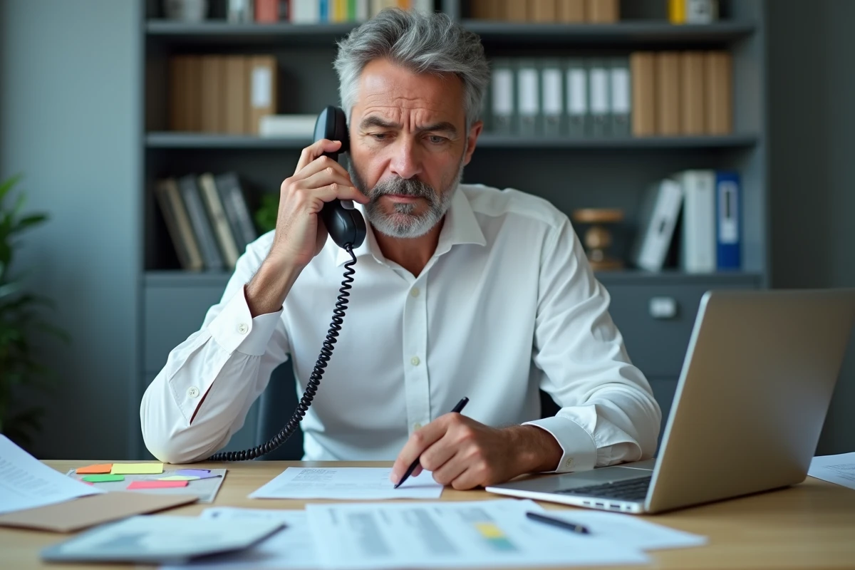Comptable négociant avec l'Urssaf par téléphone depuis son bureau professionnel