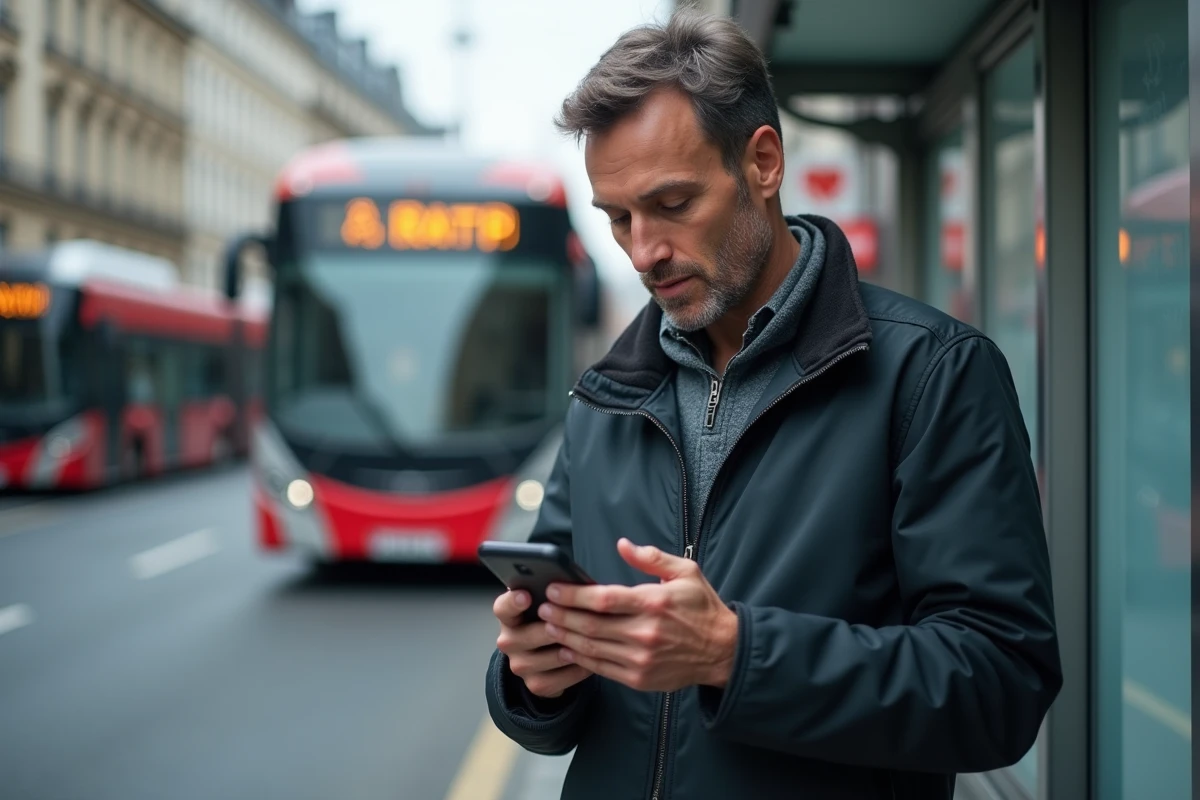 Conducteur de bus RATP vérifiant l'application Urbanweb mobile à l'arrêt de bus