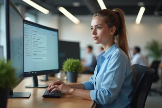 Une femme configure les réglages d'un logiciel de chat en direct sur son ordinateur dans un bureau moderne